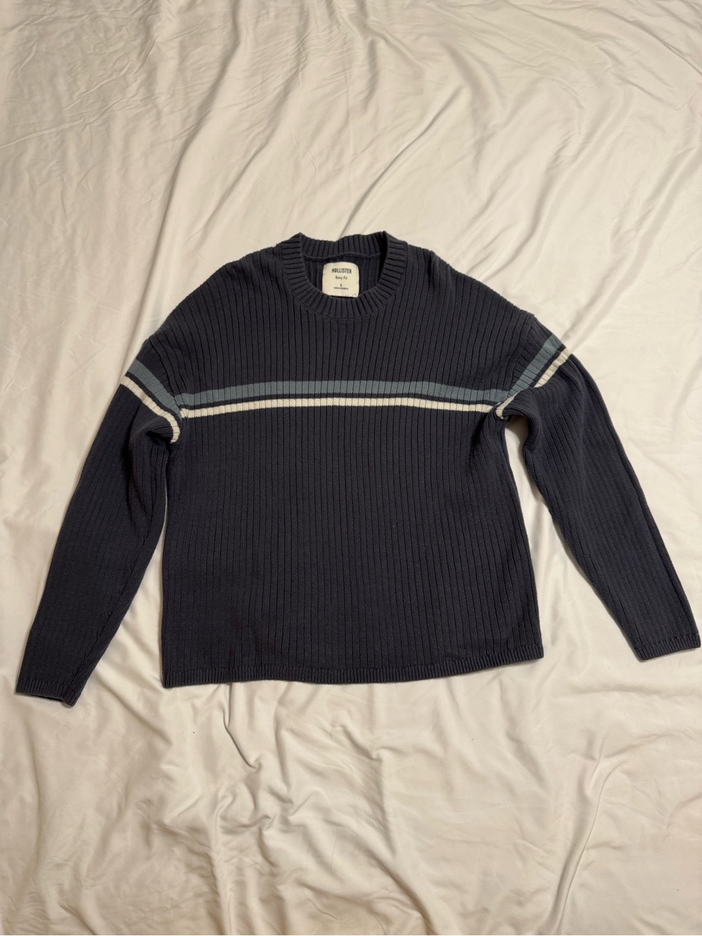 Hollister Navy Ribbed Crewneck Sweater with Light Blue & White Stripes